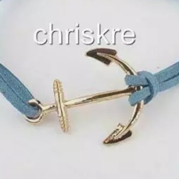 Suede Nautical Anchor Bracelet Island Ship Boat Leather Adjustable Gold Blue - Picture 2 of 3